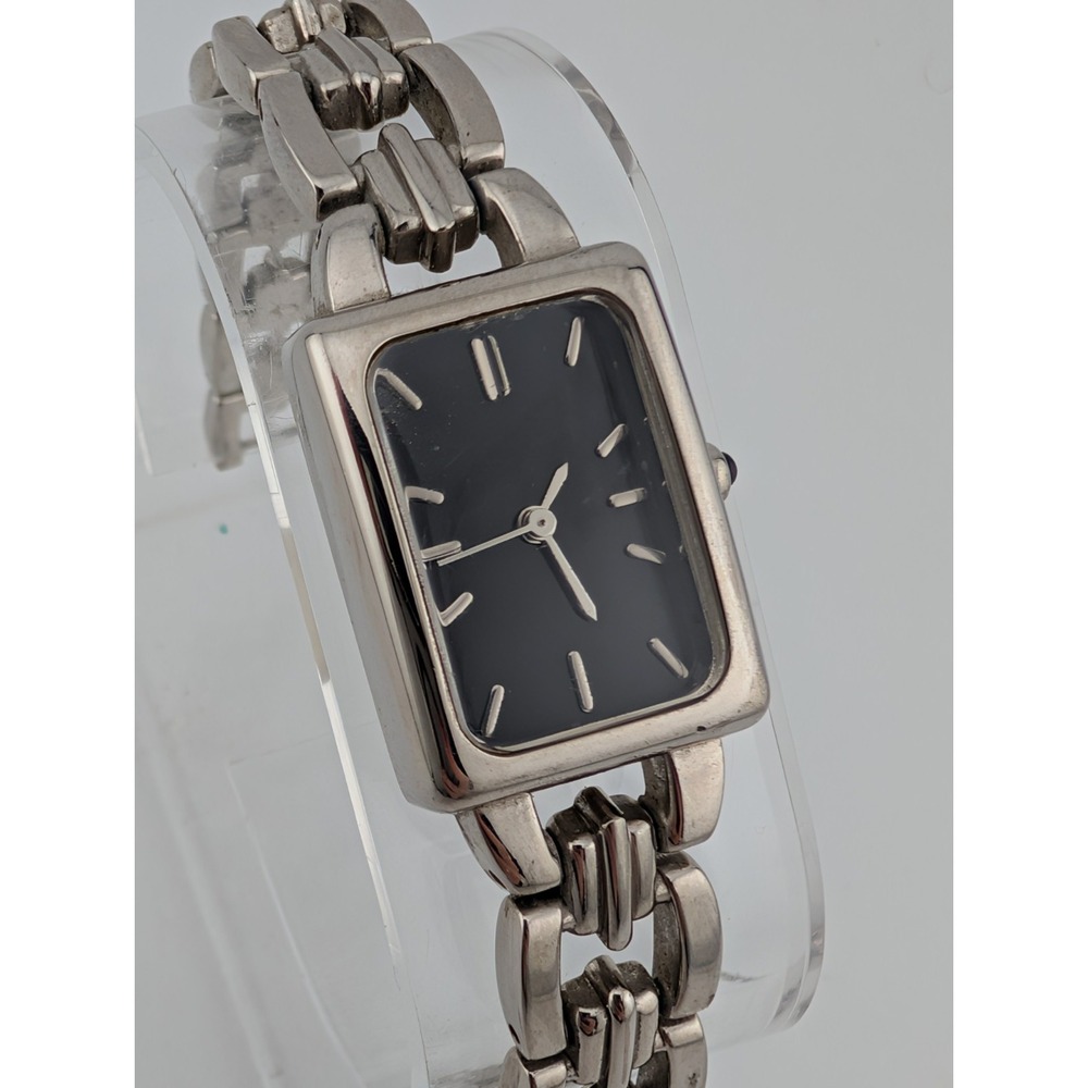 Merona Tank Watch Women 19mm Silver Case Black Dial 7.25" Band- New‎ Battery